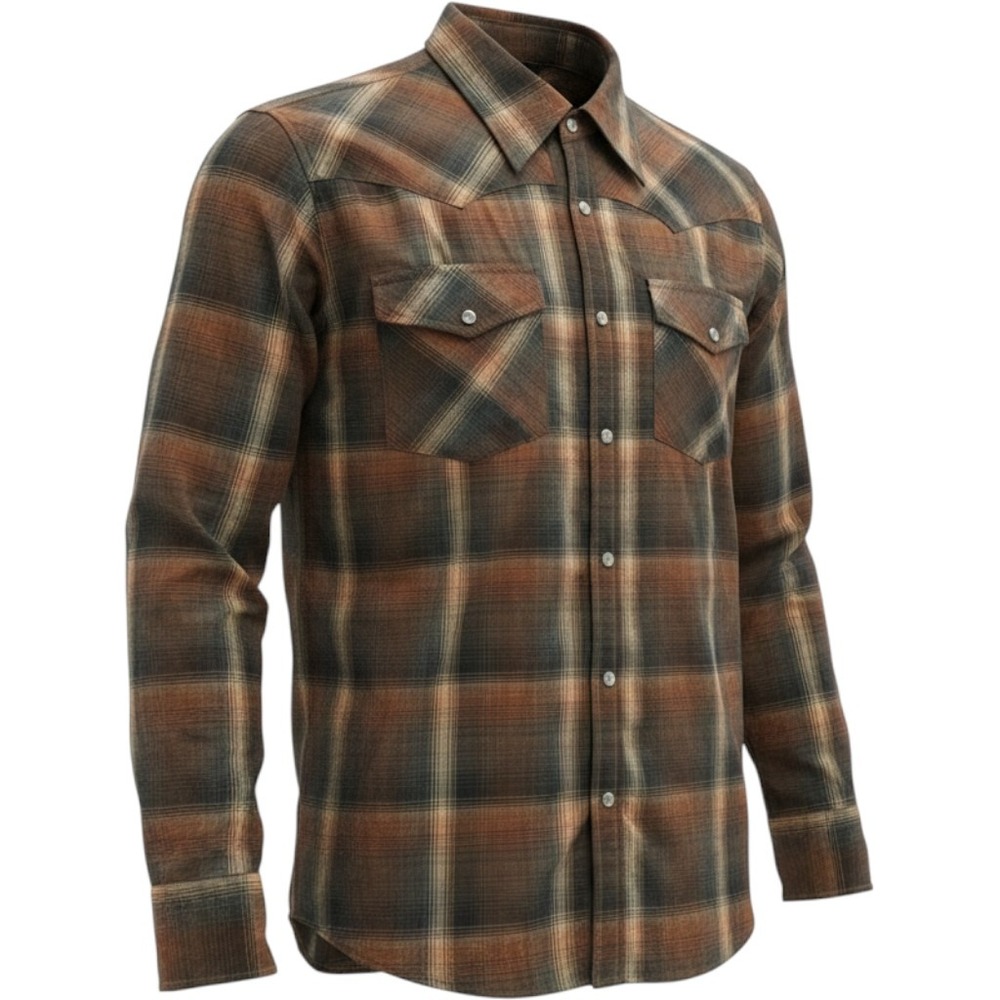 Canyon Guide Shirt Mens XL Brown Orange Plaid Western Snap Yoke Long Sleeve